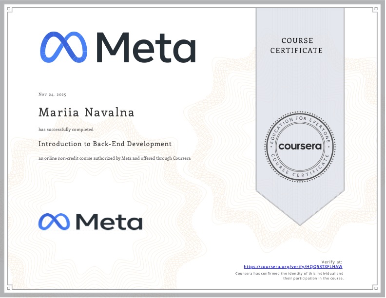 Meta & Coursera Certificate - Introduction to Back-End Development